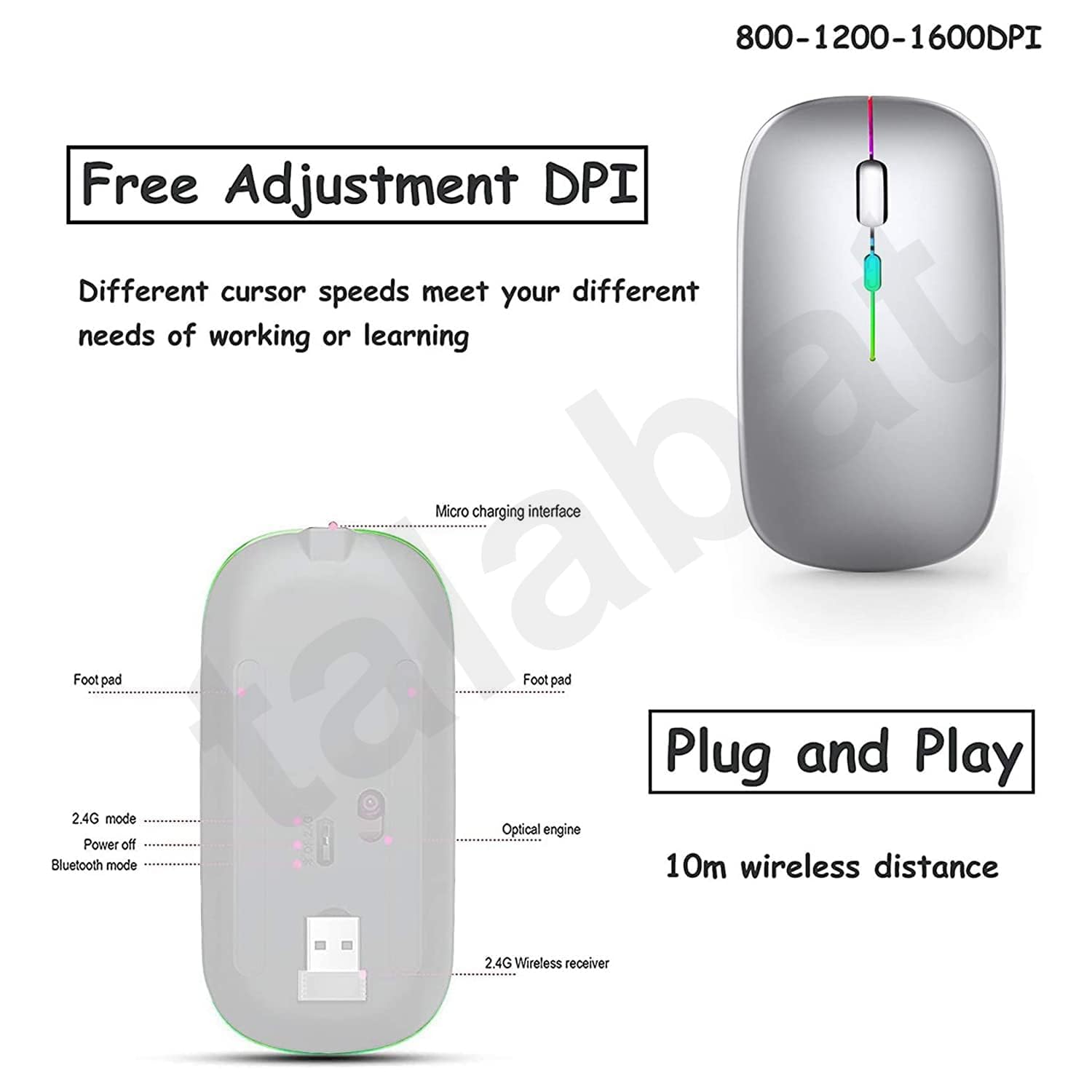 Silent Rechargeable Bluetooth 2.4G Wireless Gaming Mouse with 4 Buttons