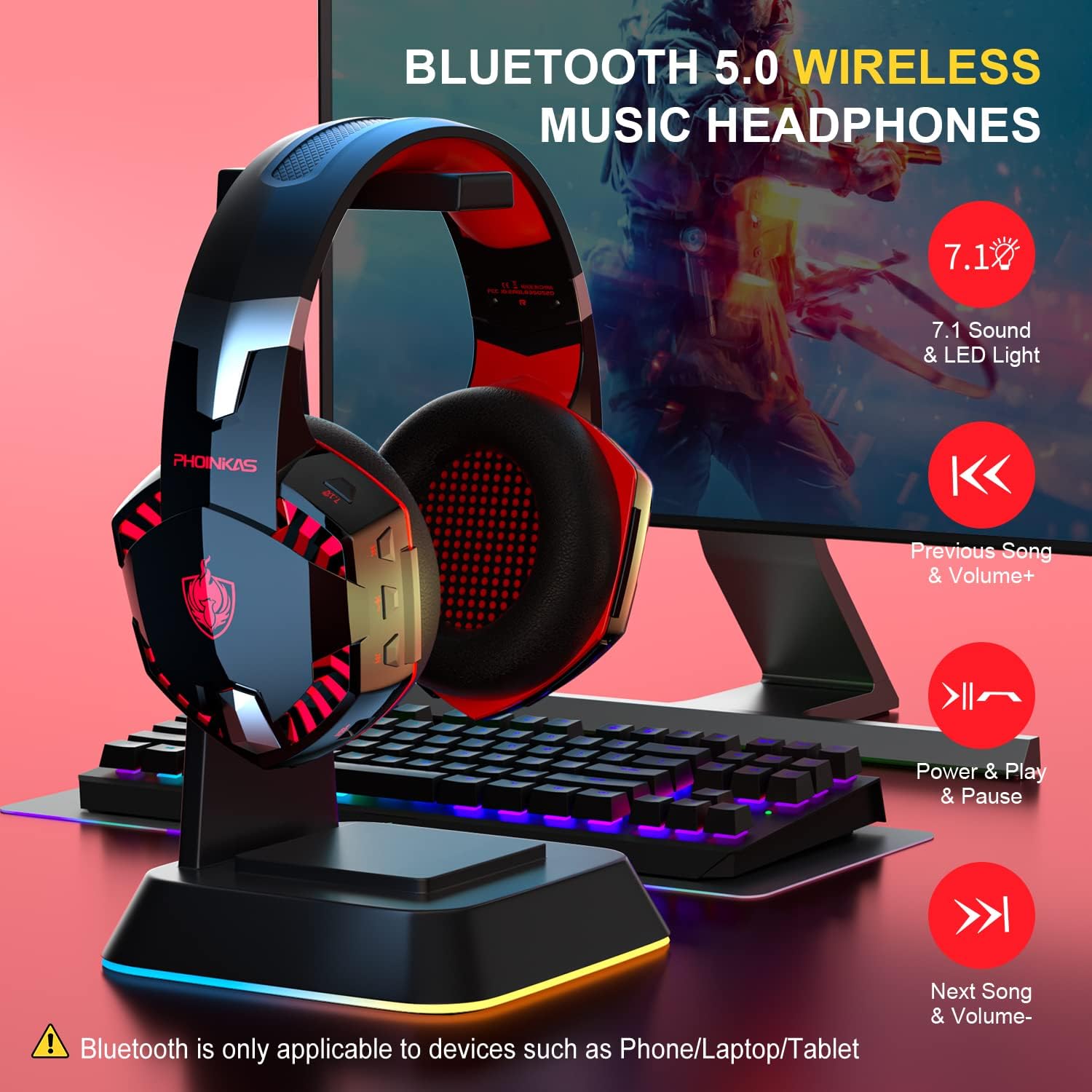 Pholnikas-G2000BT Wired Gaming Headset with Detachable Noise Cancelling Mic