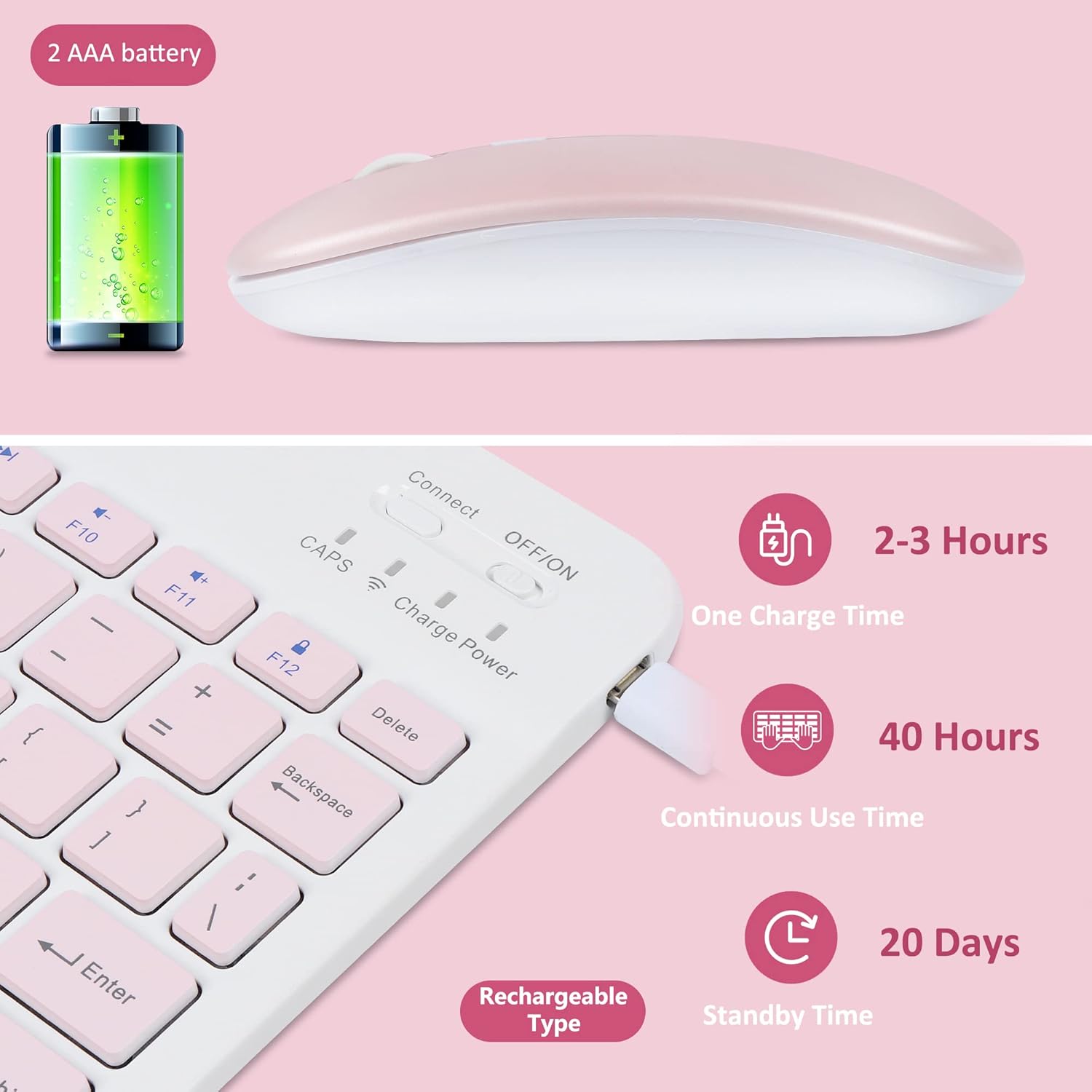 Ultra-Slim Rechargeable Bluetooth Keyboard and Mouse Combo for iOS & Android Devices - Stylish Pink